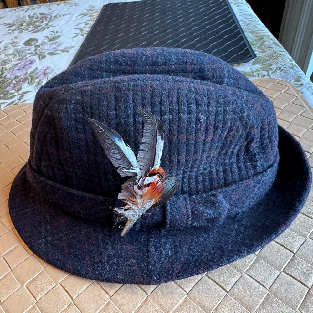 Vintage Men's Wool Fedora Hat with Pen & Feather Dark Colors Medium